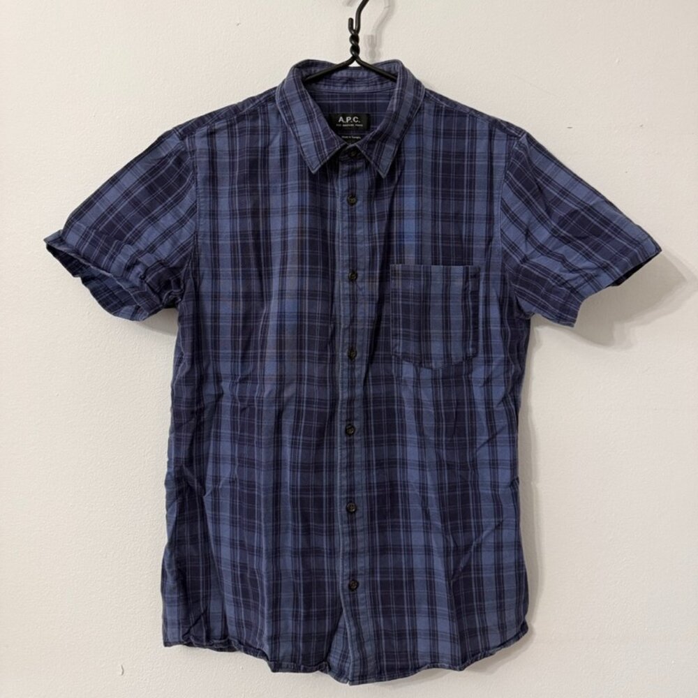 A.P.C. Rue Madame Paris Blue Plaid Short Sleeve Button Down Shirt Size L